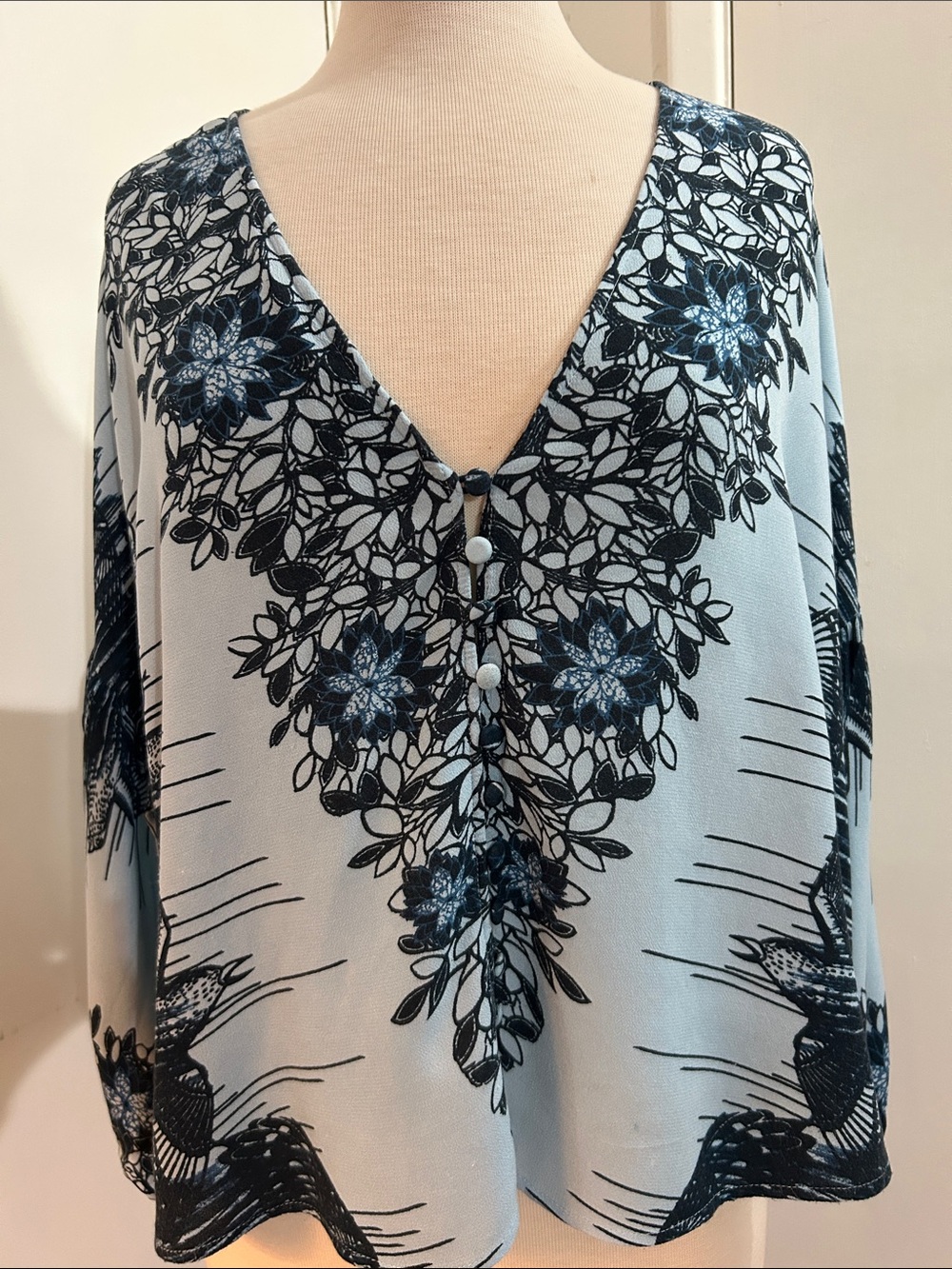 Free People Light Blue Floral V-Neck Button Tunic